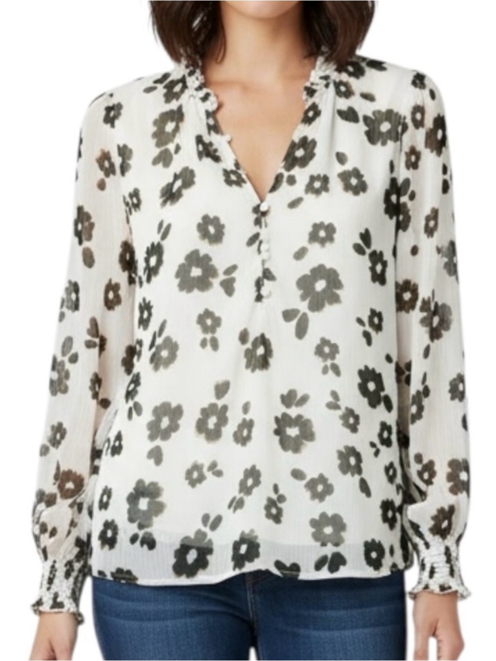 Tamara H Sz M White Floral Ruffle V-Neck Long-Sheer Sleeve Blouse | EUC